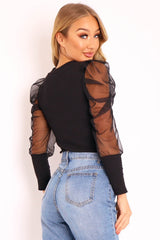 Black Net Puff Sleeve Ribbed Top - Aarvi-Tops