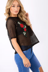 Black Netted Mesh Floral Embroidered T-Shirt - Harmony-Tops