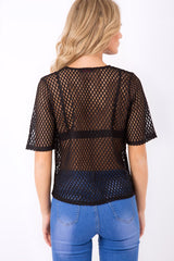 Black Netted Mesh Floral Embroidered T-Shirt - Harmony-Tops