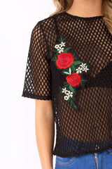 Black Netted Mesh Floral Embroidered T-Shirt - Harmony-Tops