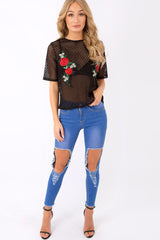 Black Netted Mesh Floral Embroidered T-Shirt - Harmony-Tops
