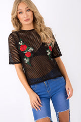 Black Netted Mesh Floral Embroidered T-Shirt - Harmony-Tops