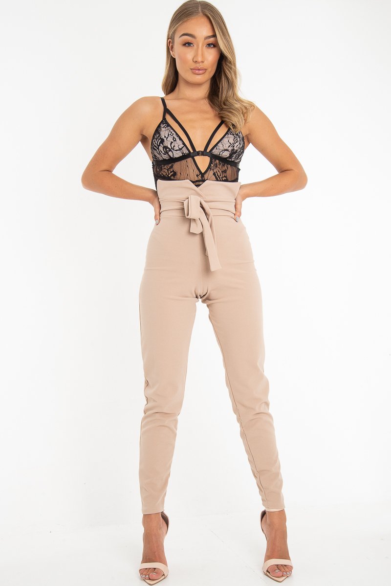 Black Nude Lace Harness Plunge Bodysuit - Masey-Bodysuits