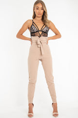 Black Nude Lace Harness Plunge Bodysuit - Masey-Bodysuits