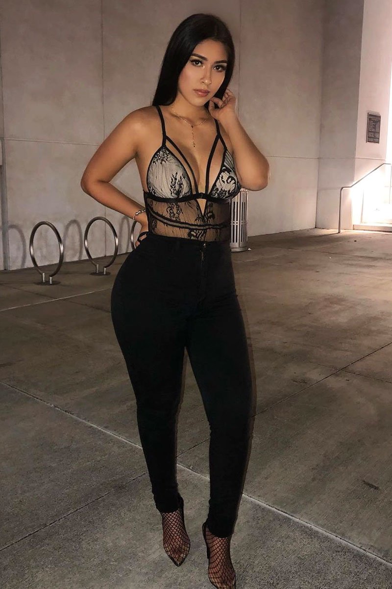 Black Nude Lace Harness Plunge Bodysuit - Masey-Bodysuits