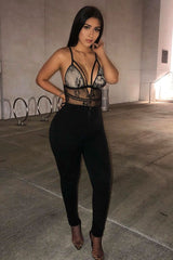 Black Nude Lace Harness Plunge Bodysuit - Masey-Bodysuits