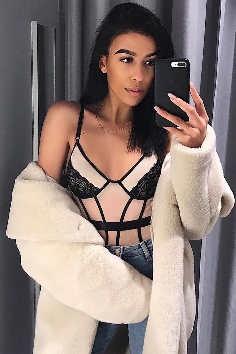 Black Nude Lace Mesh Bodysuit - Orielle-Bodysuits