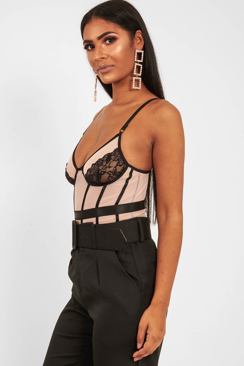 Black Nude Lace Mesh Bodysuit - Orielle-Bodysuits