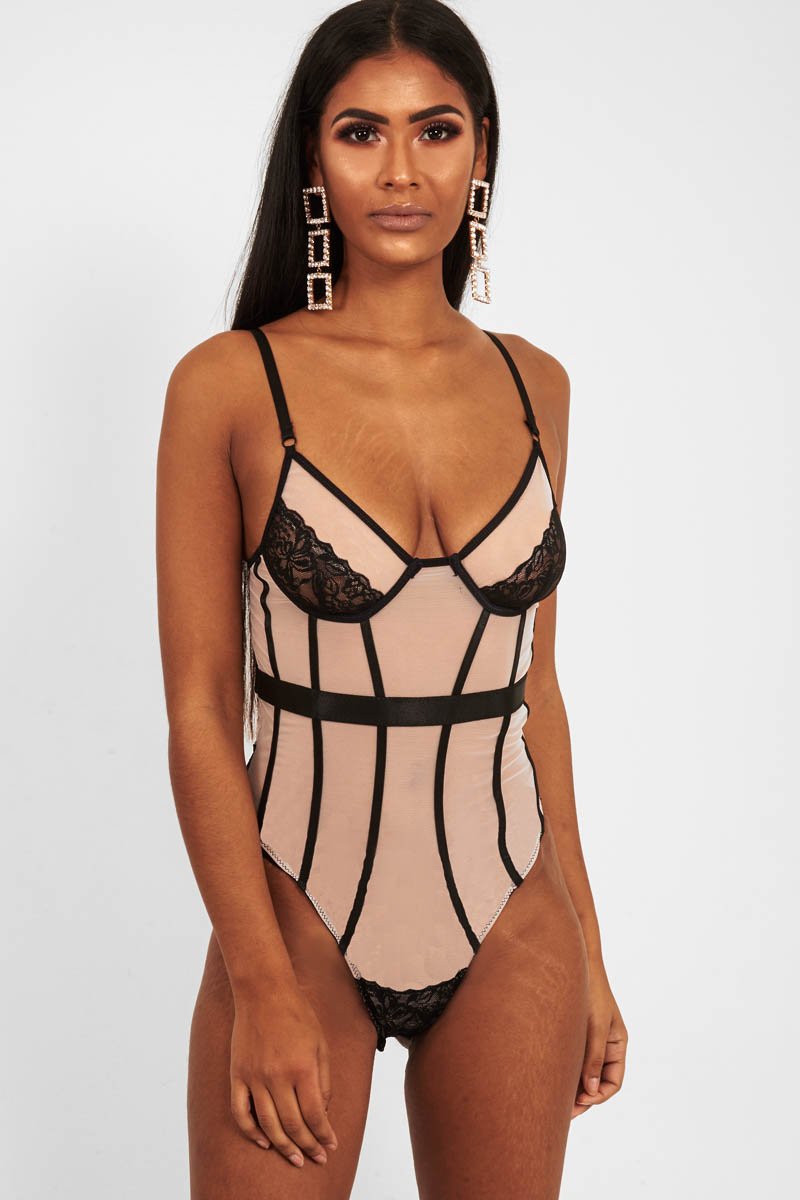 Black Nude Lace Mesh Bodysuit - Orielle-Bodysuits