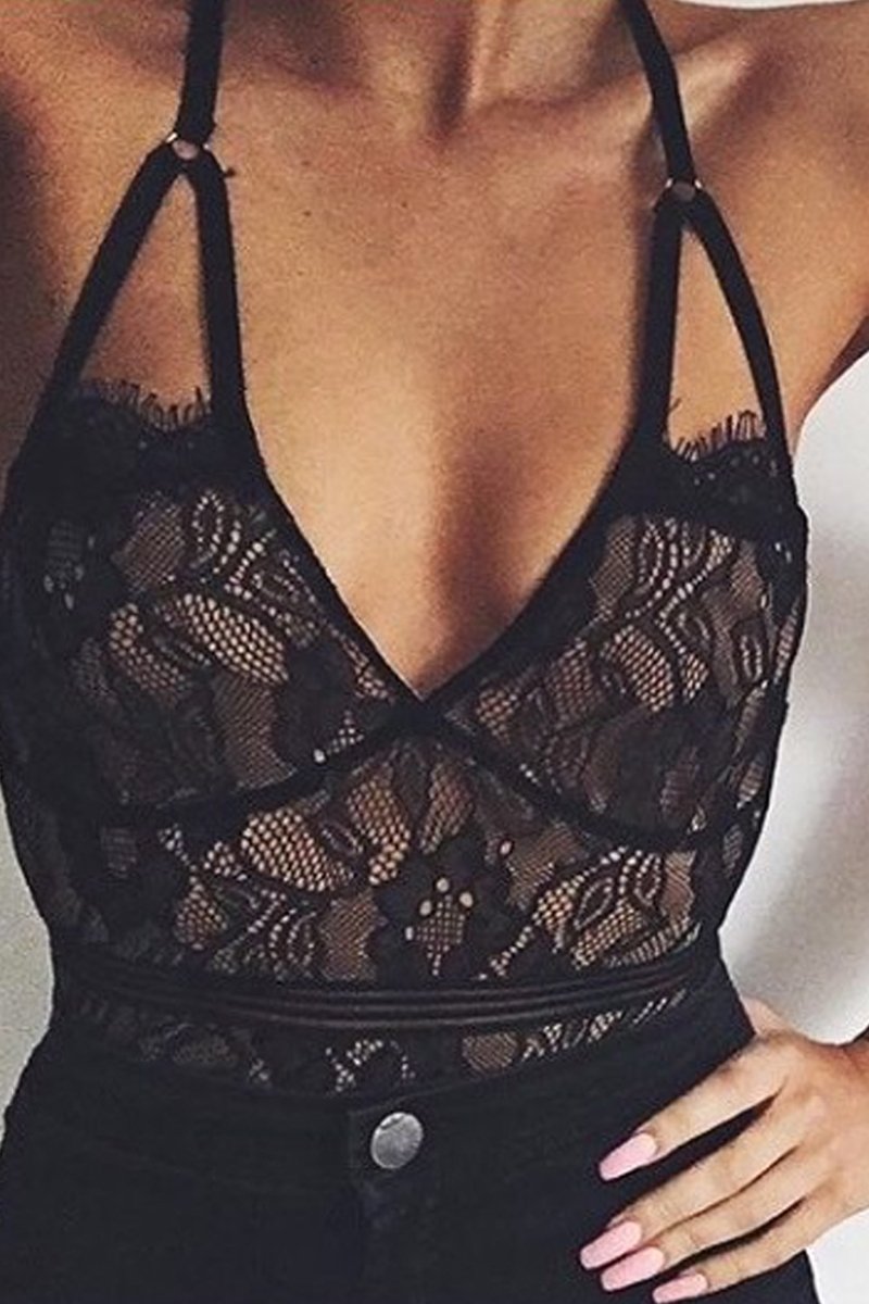 Black & Nude Lace Open Back Bodysuit - Naomie-Bodysuits