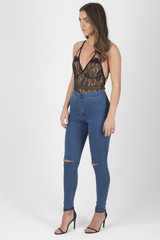 Black & Nude Lace Open Back Bodysuit - Naomie-Bodysuits