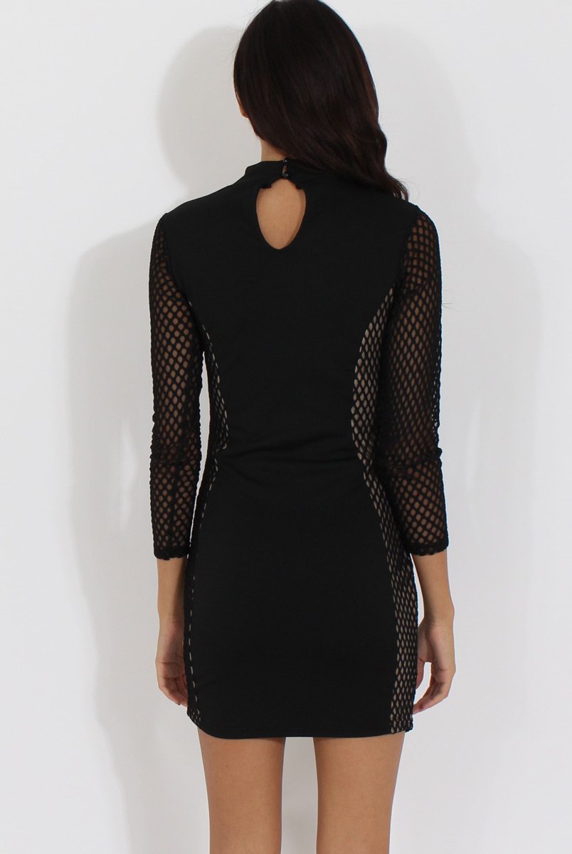 Black & Nude Mesh Detail Cut Out Bodycon Dress - Derry-Dresses