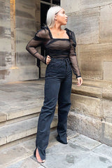 Black Nude Ruched Body Mesh Sleeve Bodysuit - Amylee-Bodysuits