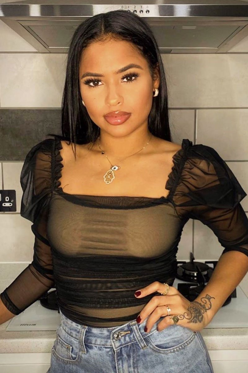 Black Nude Ruched Body Mesh Sleeve Bodysuit - Amylee-Bodysuits