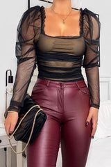 Black Nude Ruched Body Mesh Sleeve Bodysuit - Amylee-Bodysuits