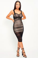 Black Nude Ruched Slinky Midi Dress - Eilish-Dresses
