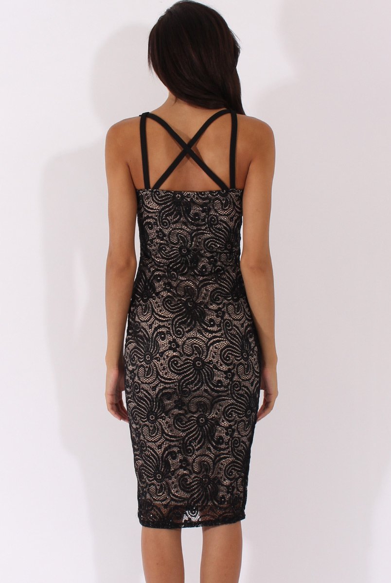 Black & Nude Sparkle Lace Harness Midi Dress - Elspeth-Dresses