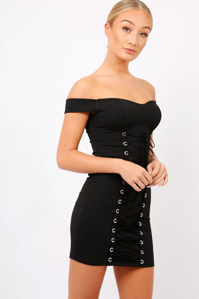 Black Off Shoulder Centre Eyelet Dress - Callie-Dresses