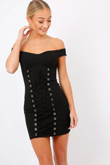 Black Off Shoulder Centre Eyelet Dress - Callie-Dresses