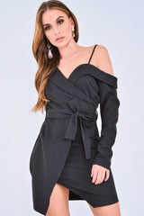Black Off The Shoulder Blazer Dress - Halia-Dresses