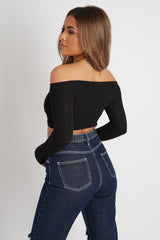Black Off the Shoulder Long Sleeve Ruched Crop Top - Kali-Crop Tops