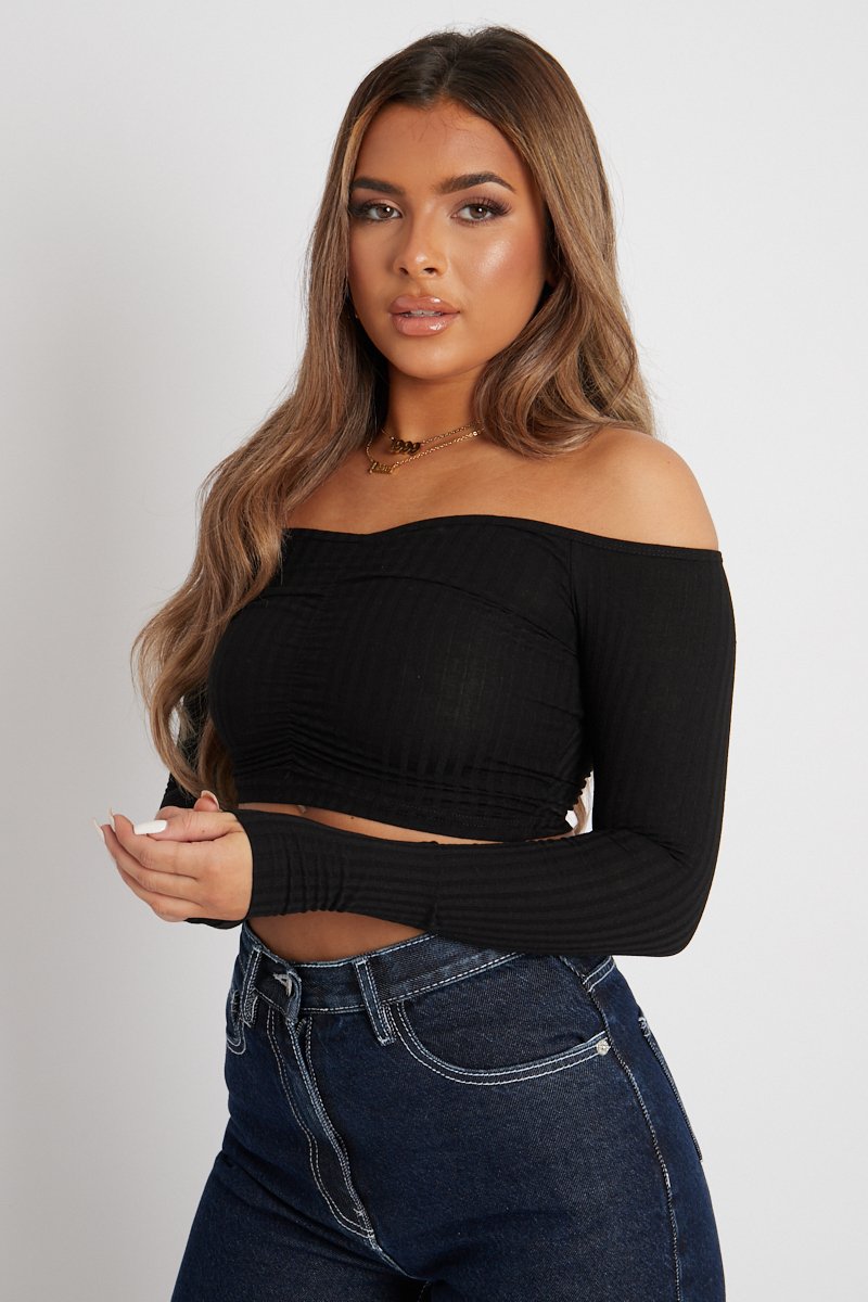 Black Off the Shoulder Long Sleeve Ruched Crop Top - Kali-Crop Tops