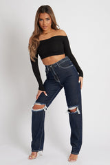Black Off the Shoulder Long Sleeve Ruched Crop Top - Kali-Crop Tops