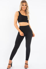Black One Shoulder Crop Top and Leggings Co-Ord - Marrie-Co-ords