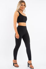 Black One Shoulder Crop Top and Leggings Co-Ord - Marrie-Co-ords