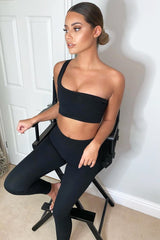 Black One Shoulder Crop Top and Leggings Co-Ord - Marrie-Co-ords