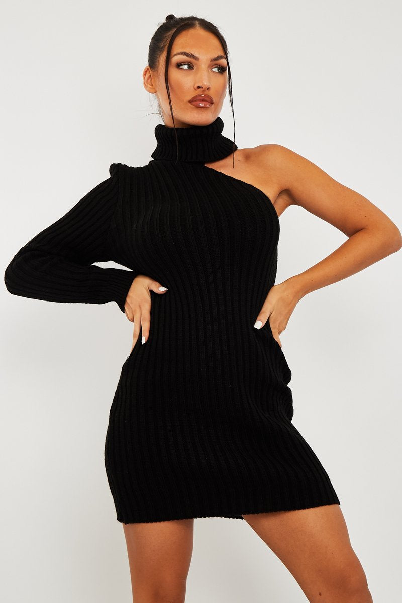 Black One Shoulder High Neck Knit Mini Dress - Elien-Dresses