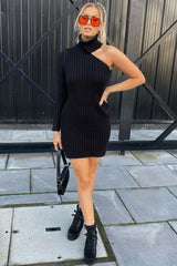Black One Shoulder High Neck Knit Mini Dress - Elien-Dresses