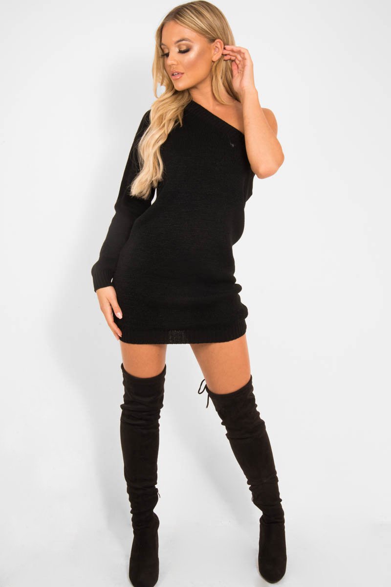Black One Shoulder Jumper Dress - Liseth-Dresses