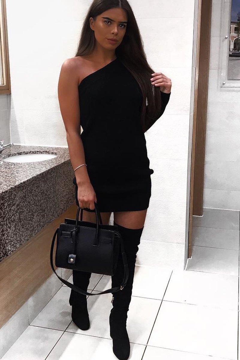 Black One Shoulder Jumper Dress - Liseth-Dresses