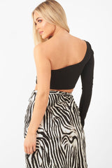 Black One Shoulder Long Sleeve Crop Top - Jazmyn-Crop Tops