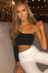 Black One Shoulder Long Sleeve Crop Top - Jazmyn-Crop Tops