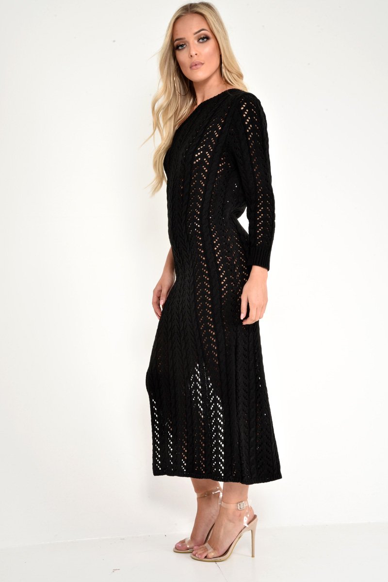Black One Shoulder Open Knit Maxi Dress - Dierra-Dresses