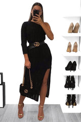 Black One Shoulder Open Knit Maxi Dress - Dierra-Dresses