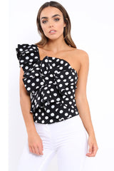 Black One Shoulder Polka Dot Top with Ruffles - Secilia-Tops