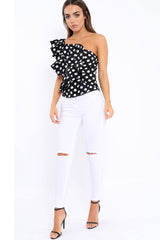 Black One Shoulder Polka Dot Top with Ruffles - Secilia-Tops