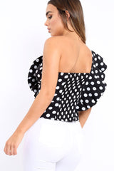 Black One Shoulder Polka Dot Top with Ruffles - Secilia-Tops