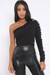 Black One Shoulder Ruffle Crop Top - Bethanie-Tops
