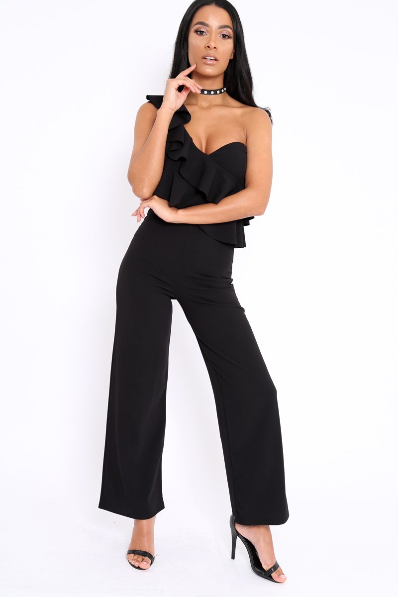Black One Shoulder Ruffle Jumpsuit - Shelley-Jumpsuits