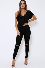 Black One Shouldered Frill Top - Maysa-Tops