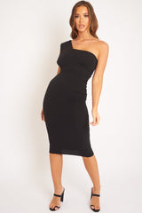 Black One Shouldered Wrap Front Midi Dress - Kirtsy-Dresses