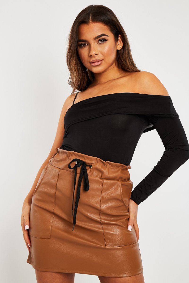 Black One Sleeve Bardot Top - Kaely-Tops