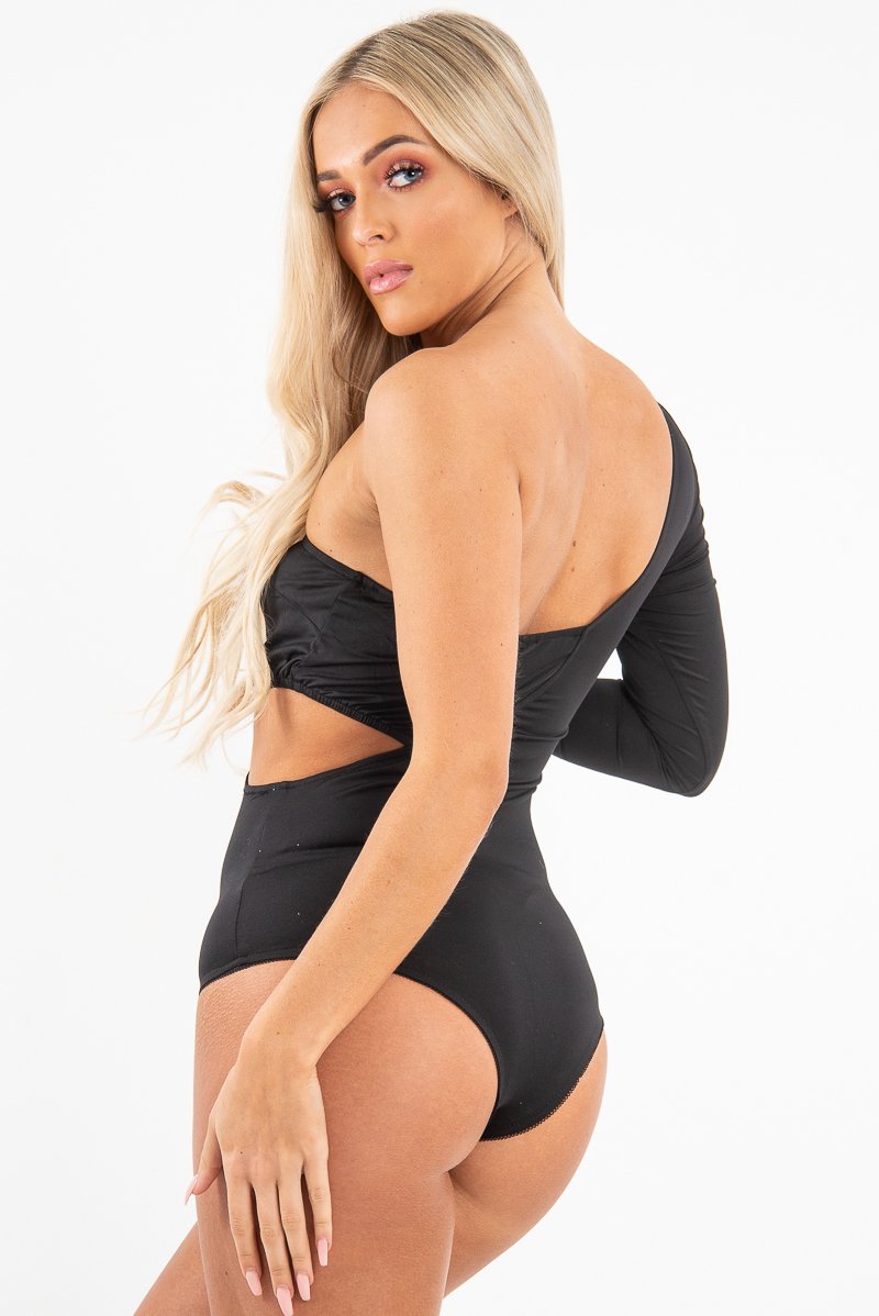 Black One Sleeve Cut Out Bodysuit - Lyana-Bodysuits