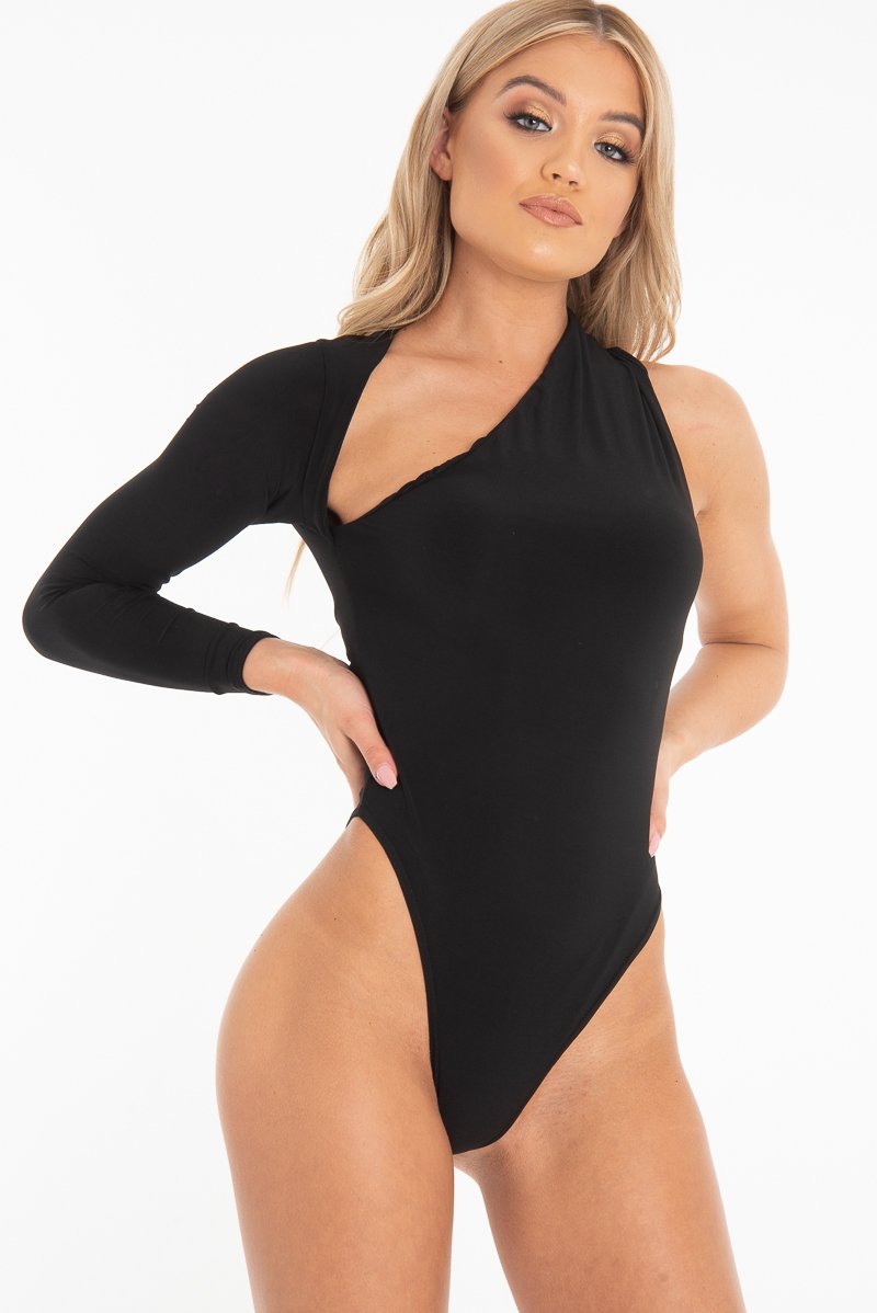 Black One Sleeve Slit Detail Slinky Bodysuit - Kassi – Rebellious