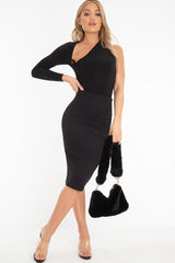 Black One Sleeve Slit Detail Slinky Bodysuit - Kassi-Bodysuits