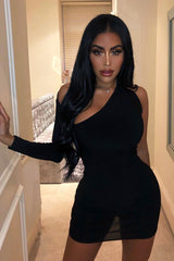 Black One Sleeve Slit Detail Slinky Mini Bodycon Dress - Bronwyn-Dresses